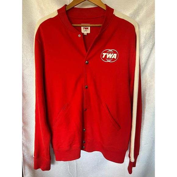 TWA Hotel Tracksuit Varsity Jacket Red Cotton Snap Front Bomber Mens Large - Picture 11 of 11